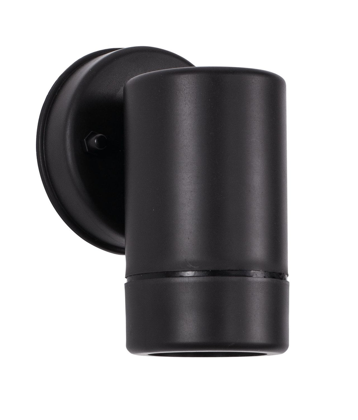 Vue rapprochée de l'applique noire, corps cylindrique et platine ronde avec vis.