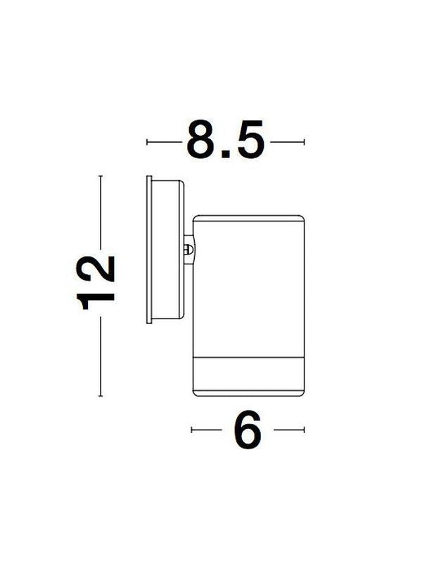 Schéma coté de l'applique : hauteur 12 cm, profondeur 8,5 cm, largeur 6 cm.