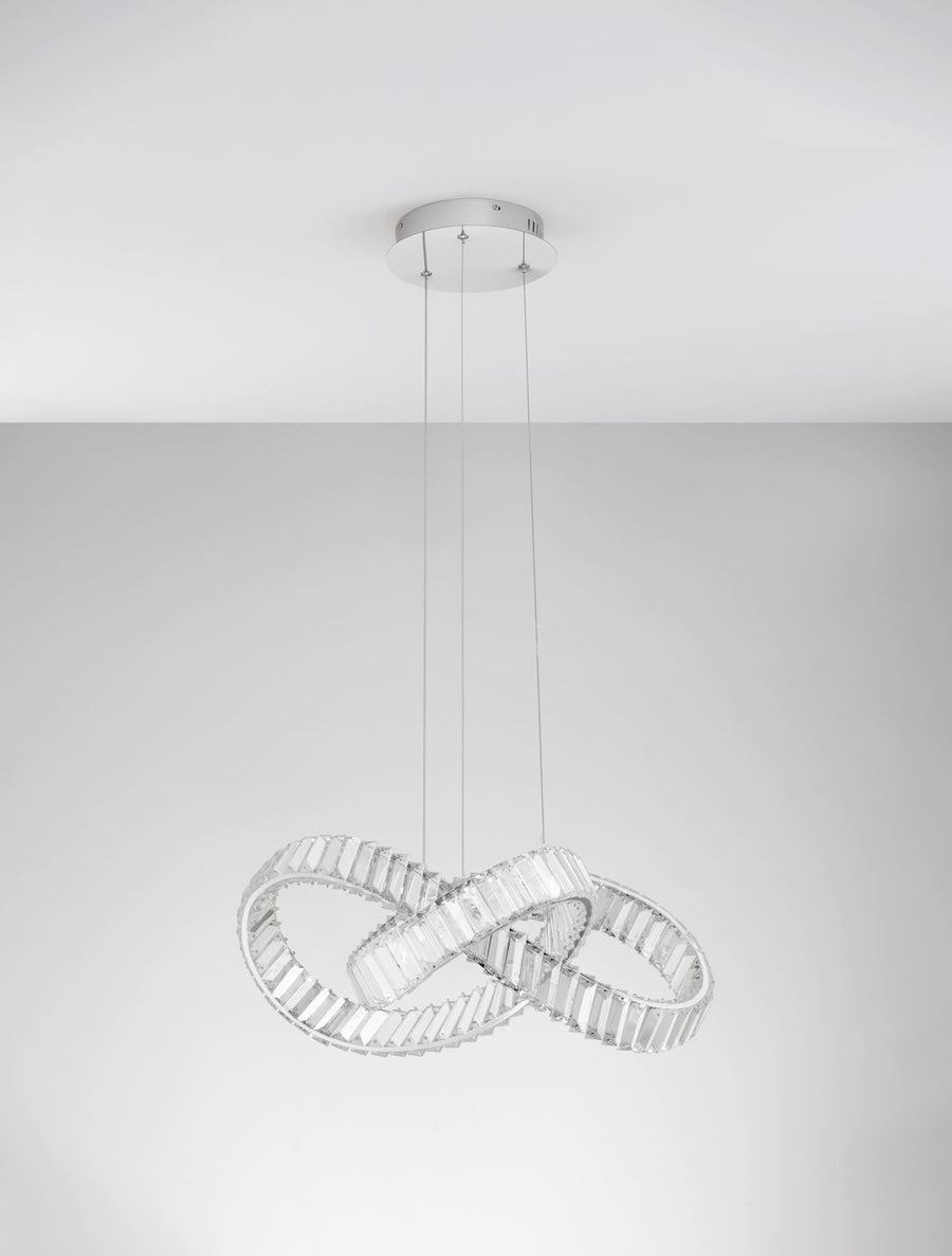 Luminaire installé au plafond sur fond gris clair, deux anneaux lumineux