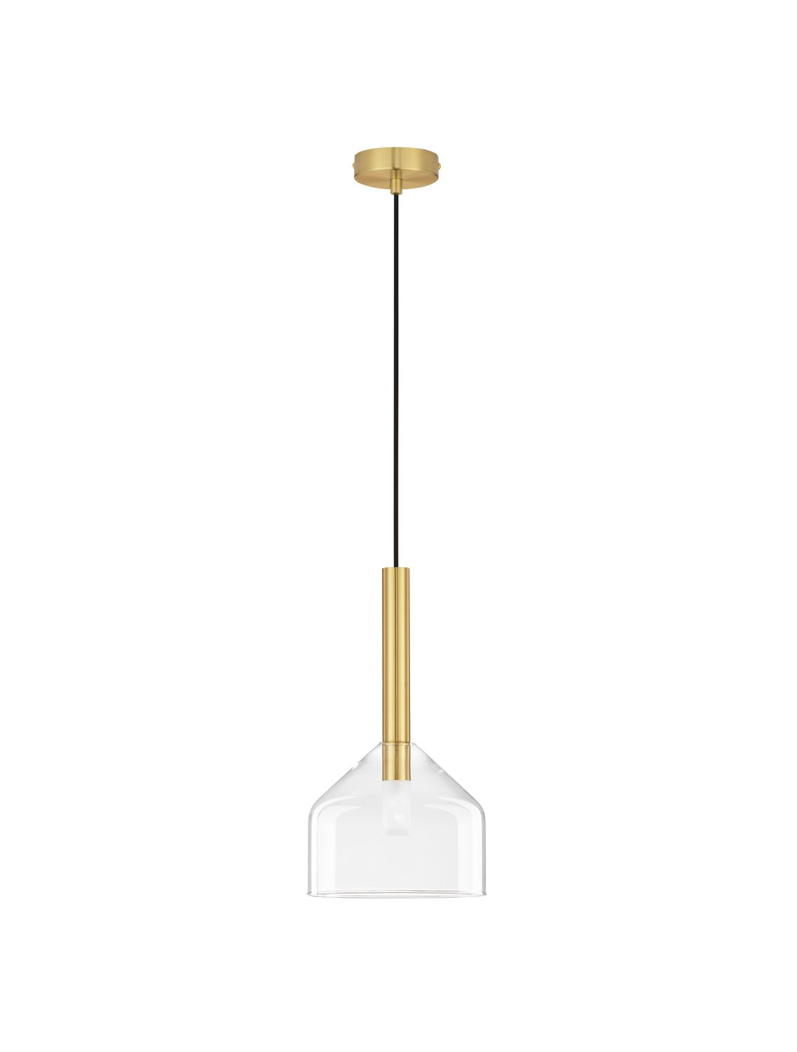 Vue de face sur fond blanc du luminaire suspendu doré et de son abat-jour en verre.