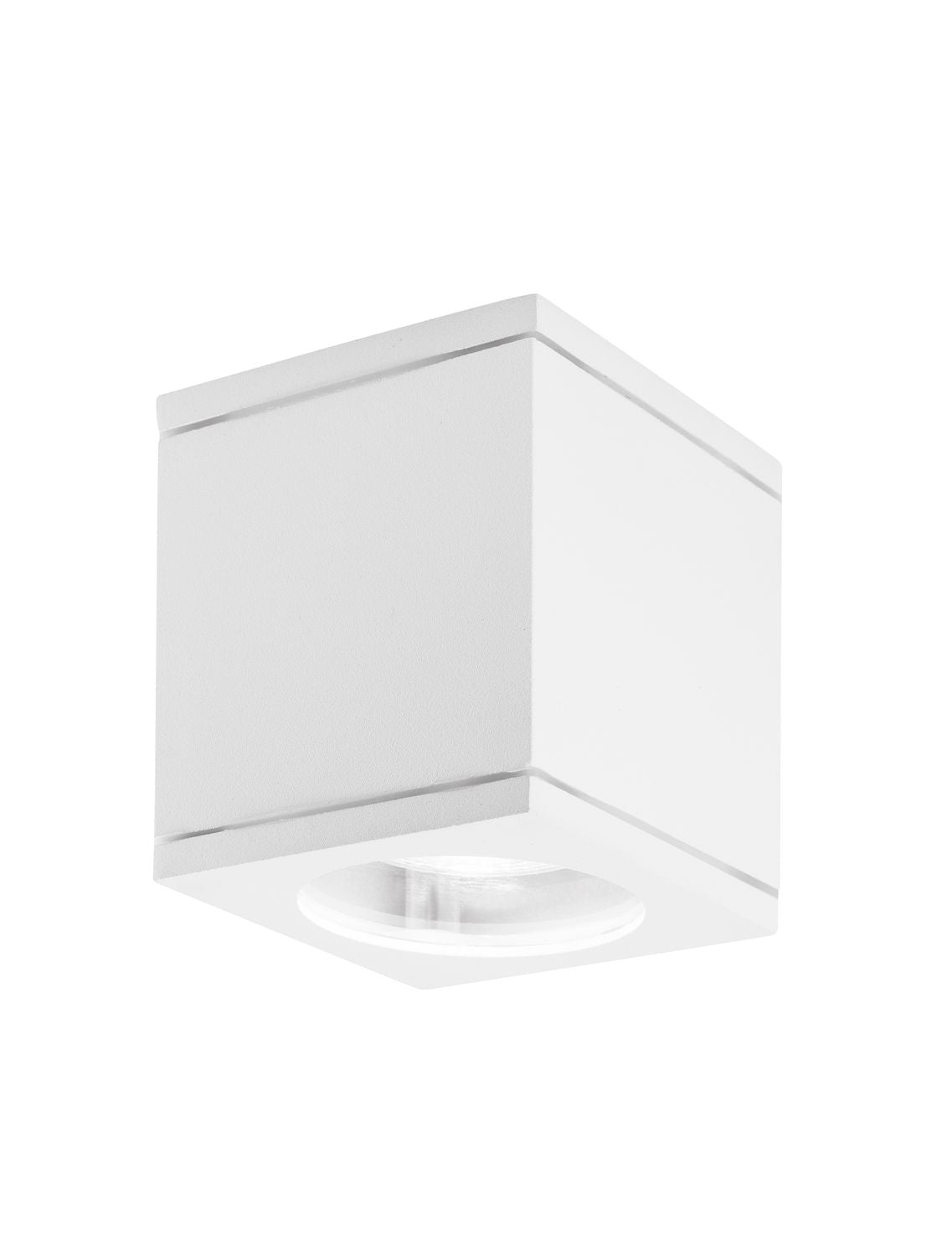 Plafonnier extérieur cubique blanc, vue de trois quarts, diffuseur en verre en partie basse.