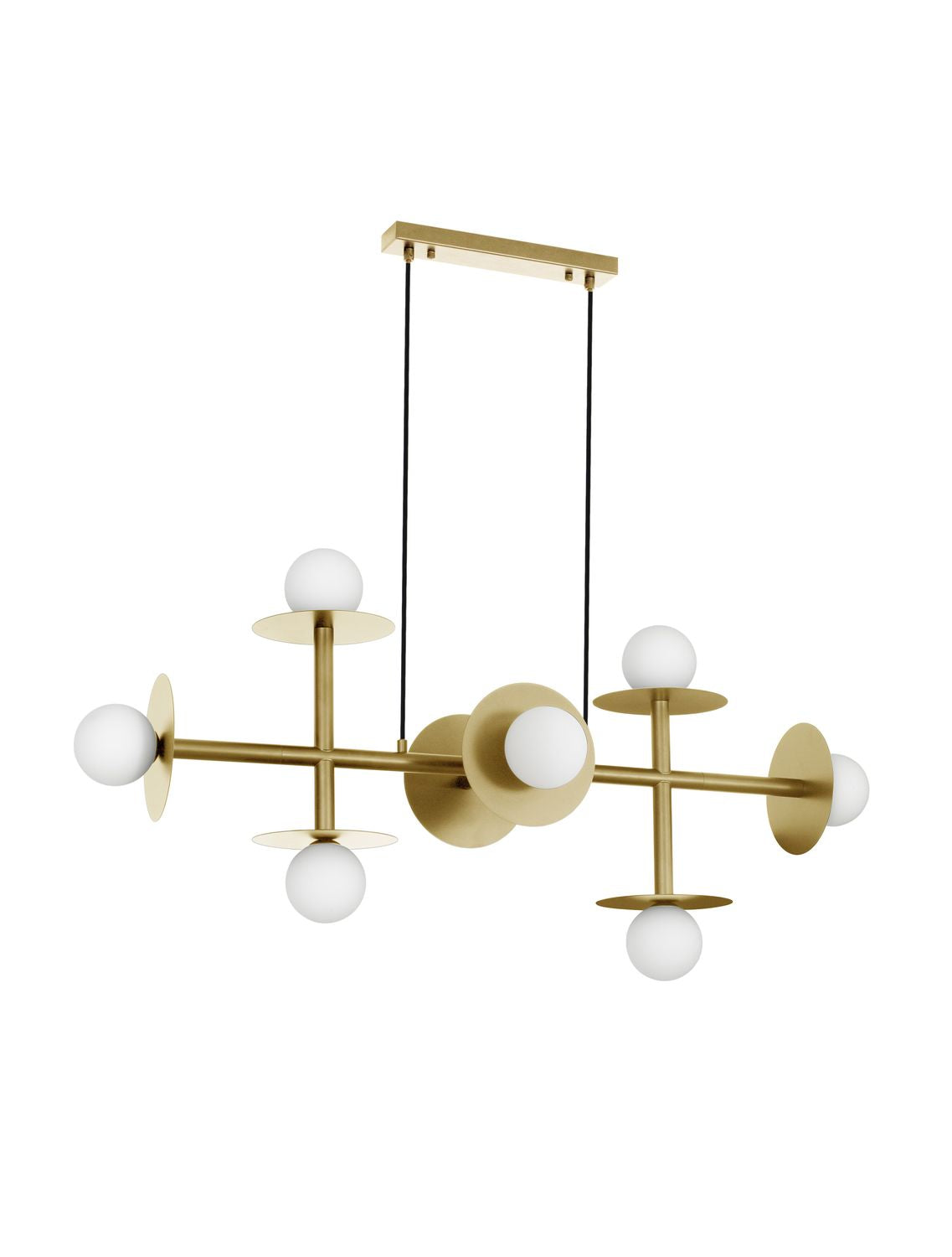 Suspension dorée à huit globes de verre blanc opalin, vue de face sur fond blanc.