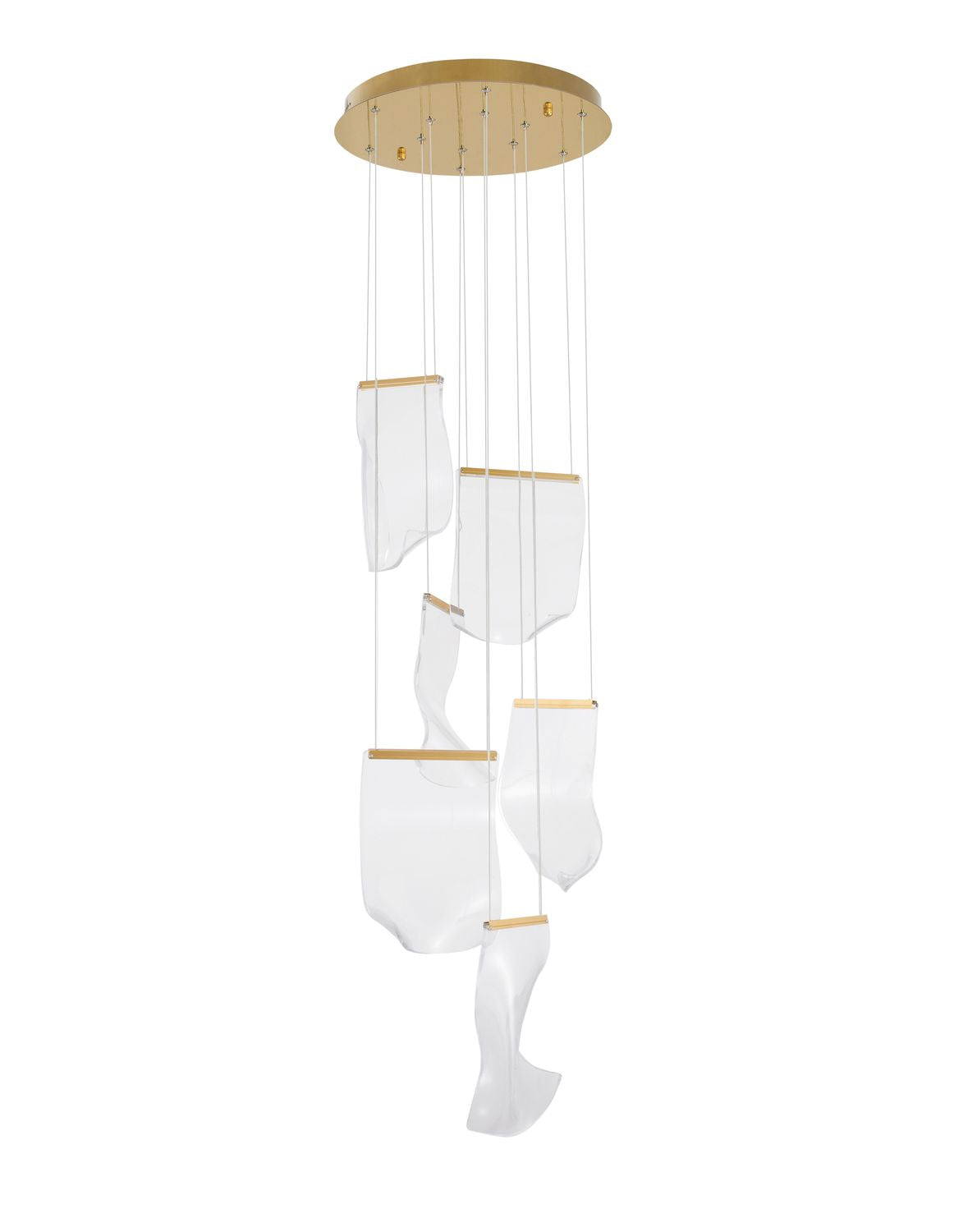 Vue de face du luminaire sur fond blanc, six voiles blancs en cascade