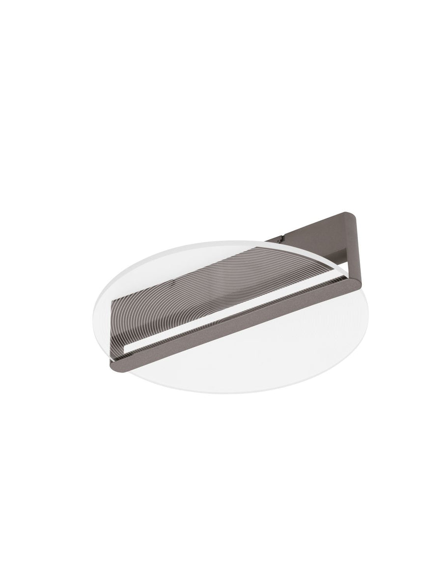 Vue de trois quarts sur fond blanc, abat-jour transparent et bras marron foncé éteint