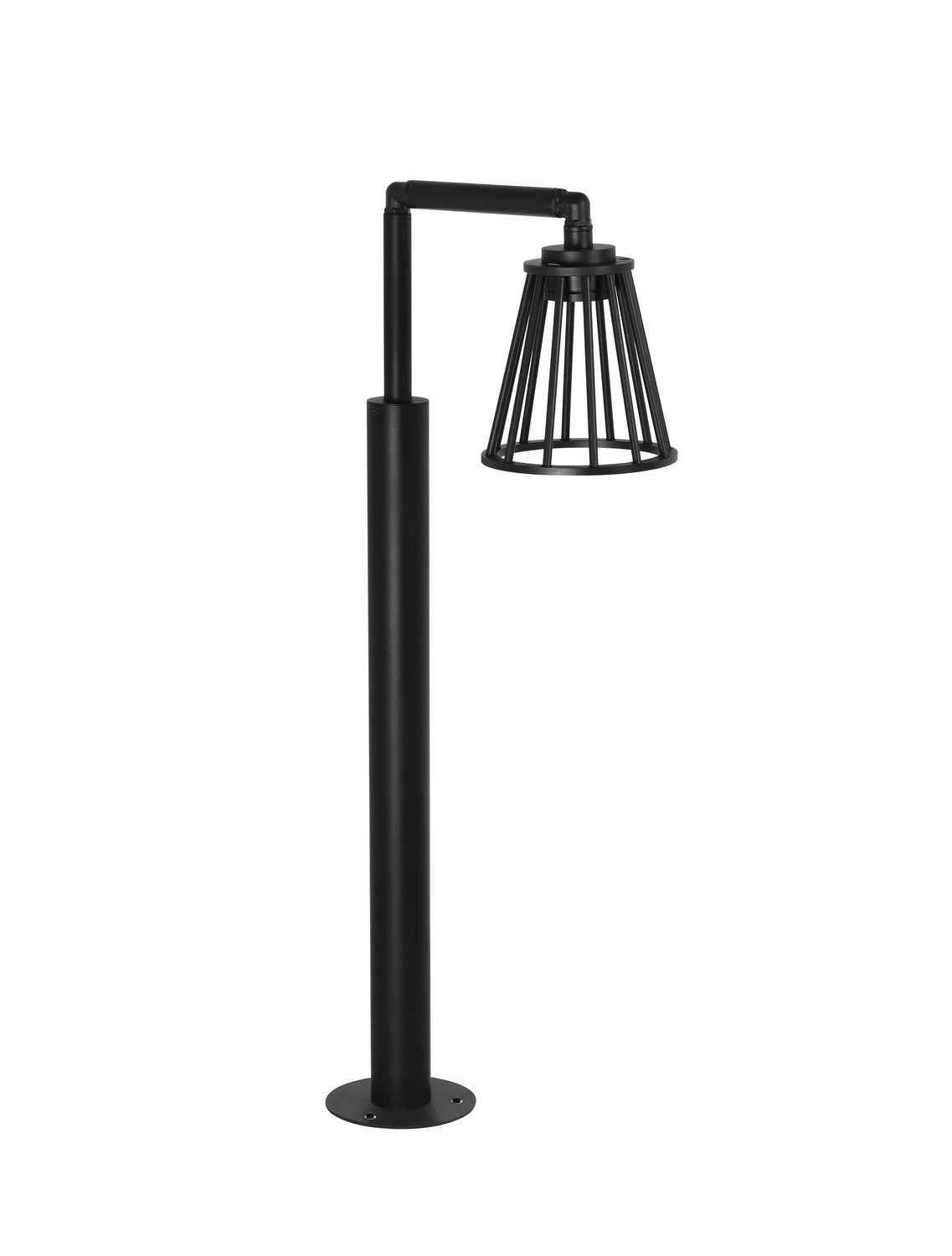 Borne lumineuse noire avec cage conique suspendue à un bras, sur fond blanc