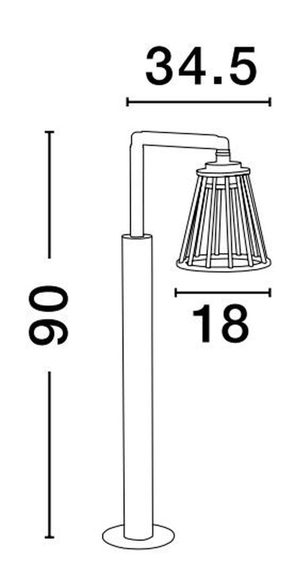 Schéma coté de la borne indiquant hauteur 90 cm, largeur 34,5 cm et diamètre 18 cm