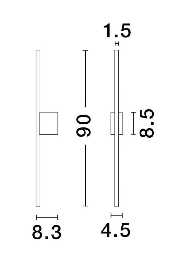 Schéma coté du luminaire : hauteur 90, épaisseur 1,5, base 8,3 et 4,5