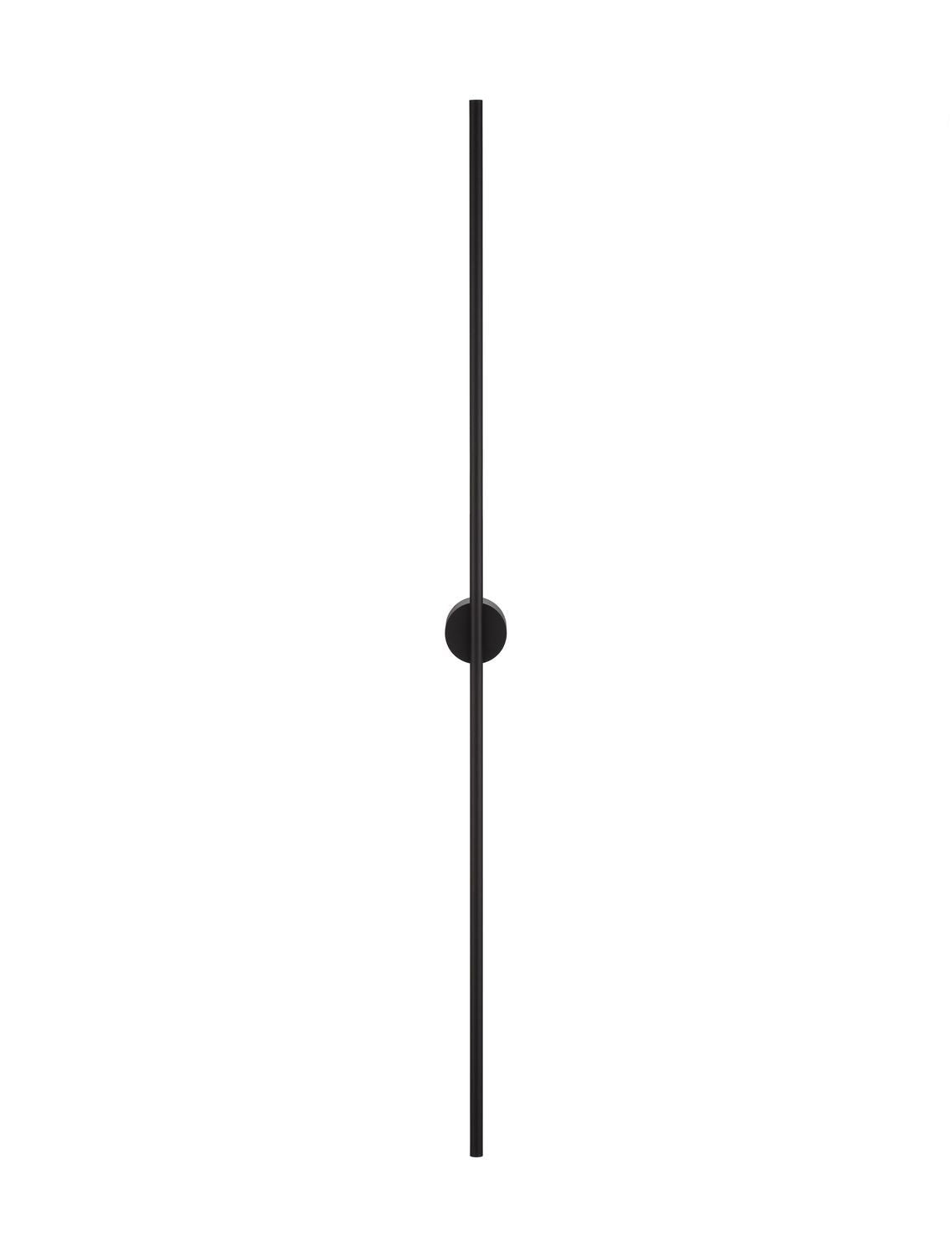 Vue de face du luminaire noir éteint sur fond blanc, longue tige verticale fine