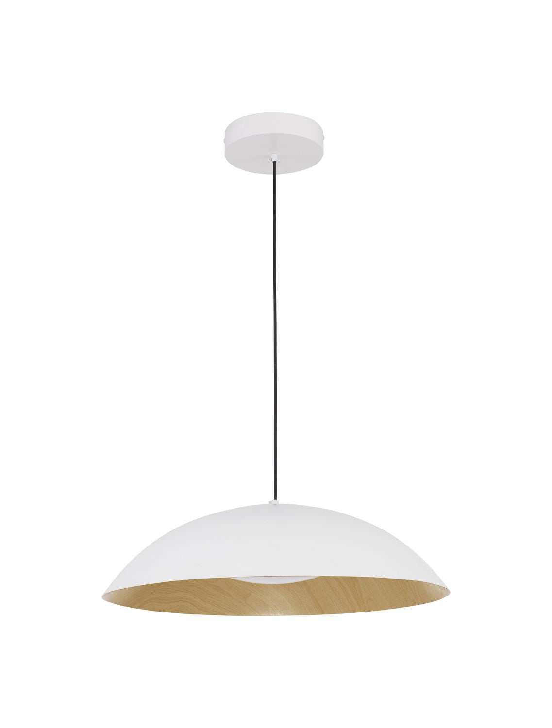 Suspension blanche vue de face sur fond blanc, abat-jour bombé et intérieur en bois clair.
