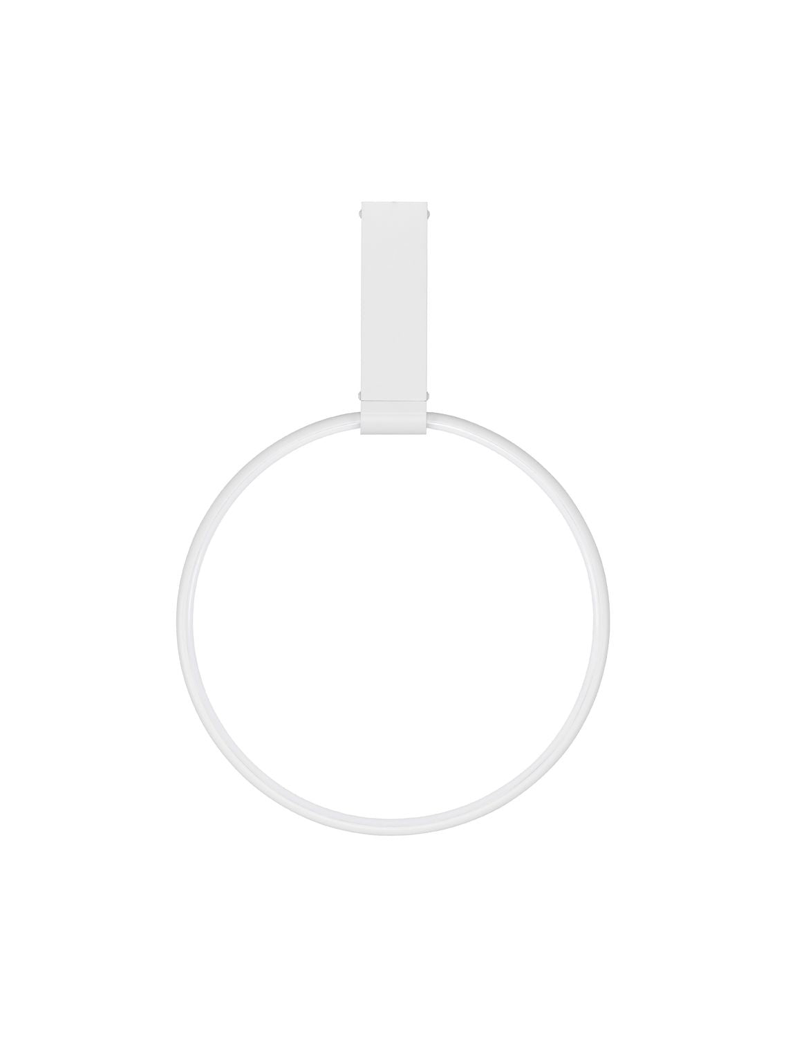 Vue de face du luminaire, anneau circulaire blanc et fixation centrale rectangulaire