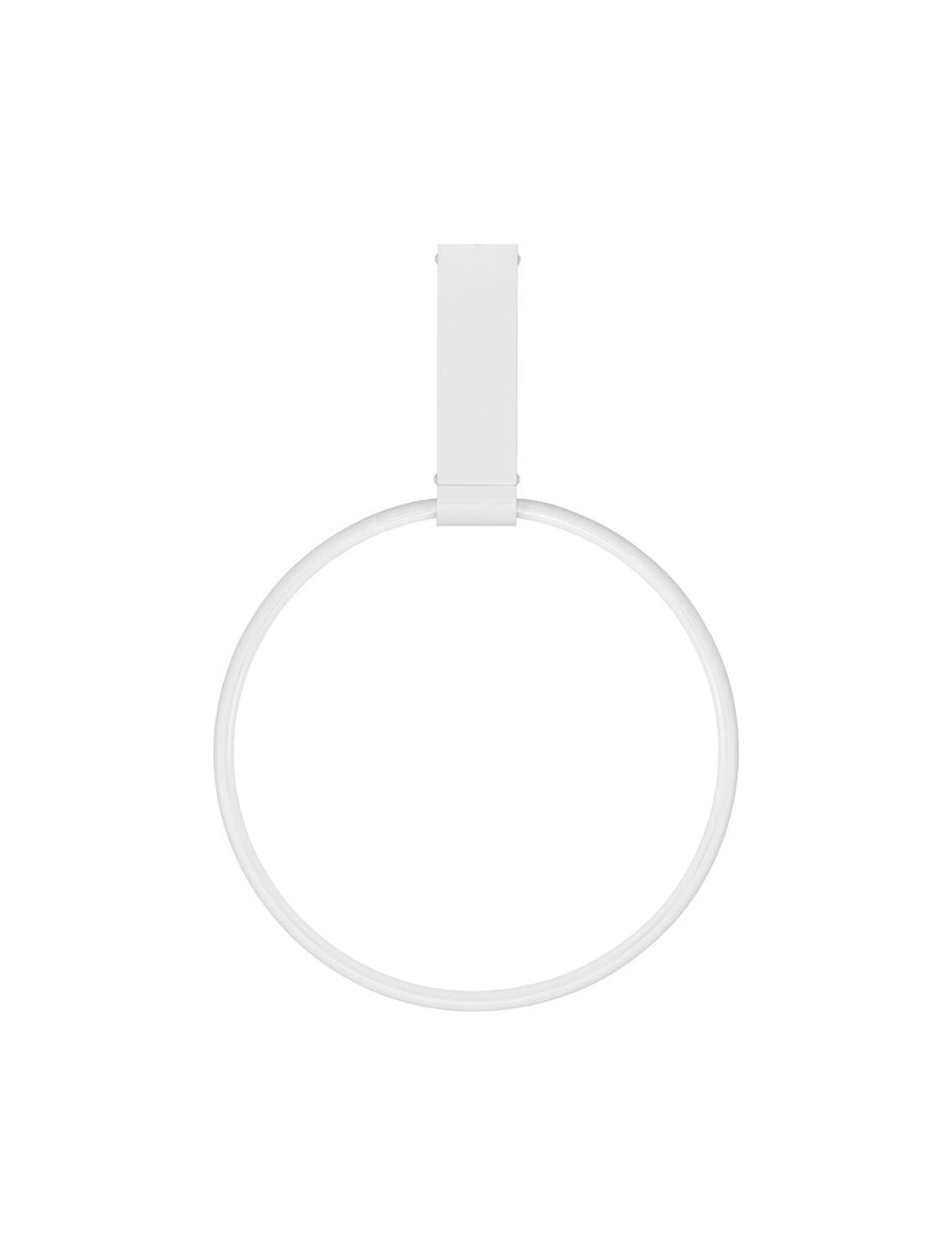 Vue de face du luminaire, anneau circulaire blanc et fixation centrale rectangulaire