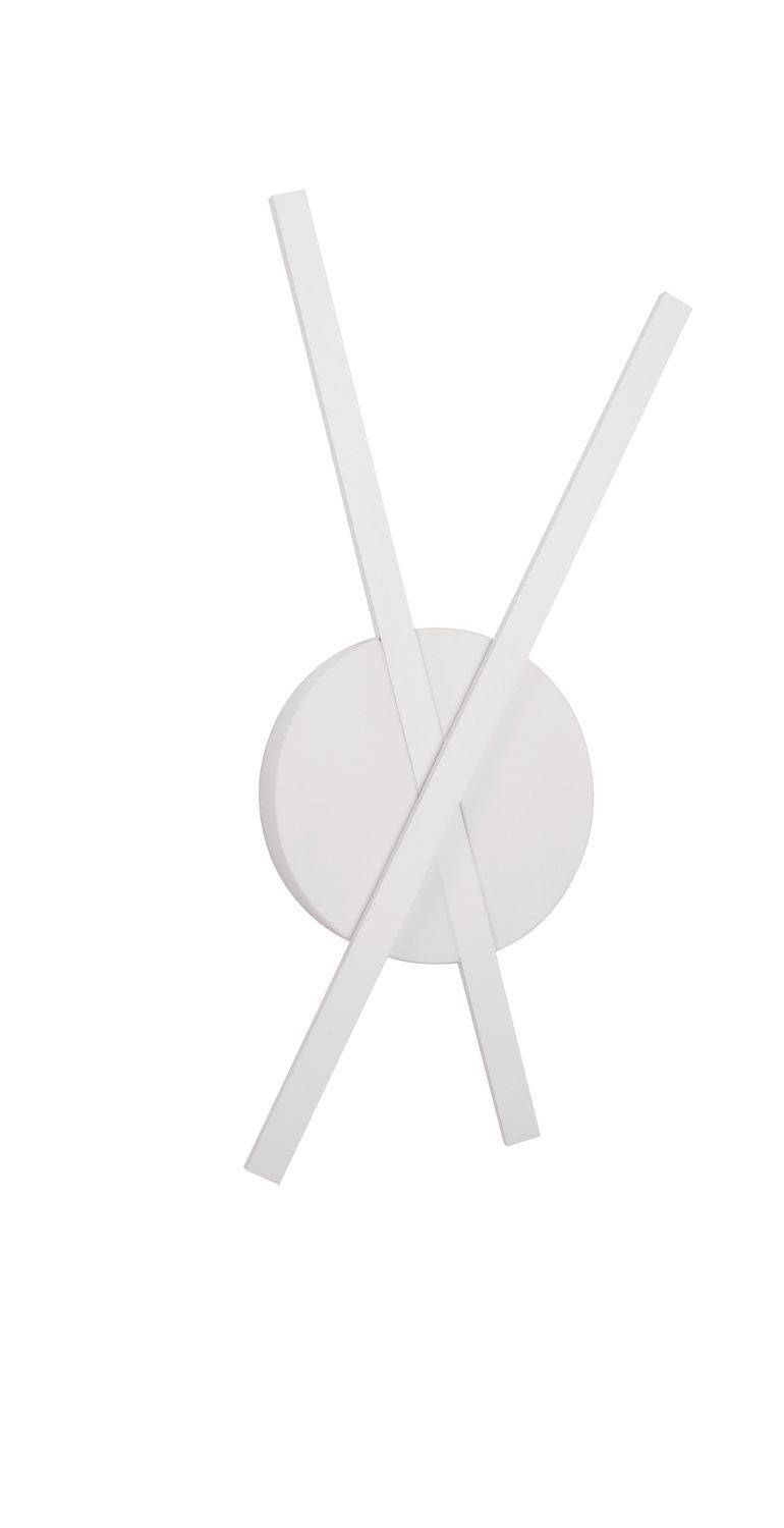 Vue de face détourée du luminaire blanc, deux tubes croisés sur socle circulaire.