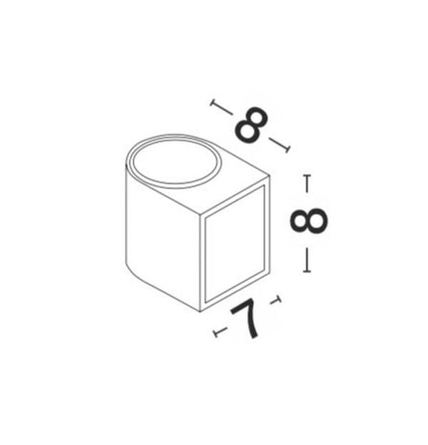 Schéma technique avec cotes : hauteur 8 cm, largeur 8 cm, profondeur 7 cm