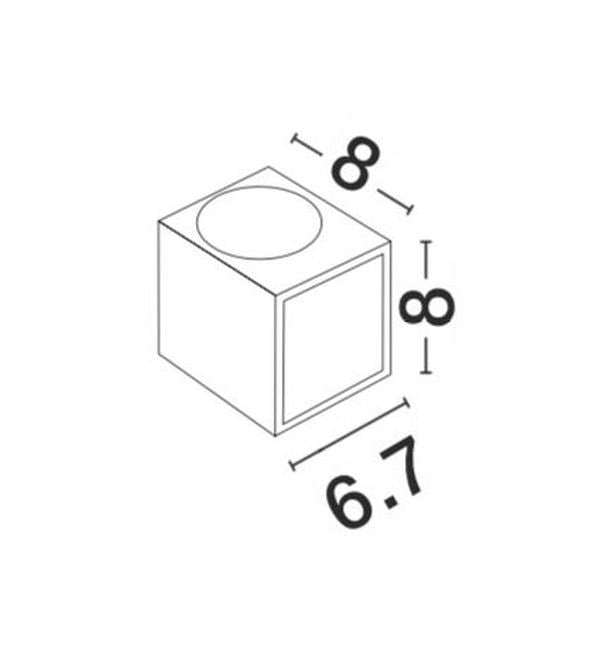 Schéma coté du luminaire carré avec dimensions 8 cm et 6,7 cm