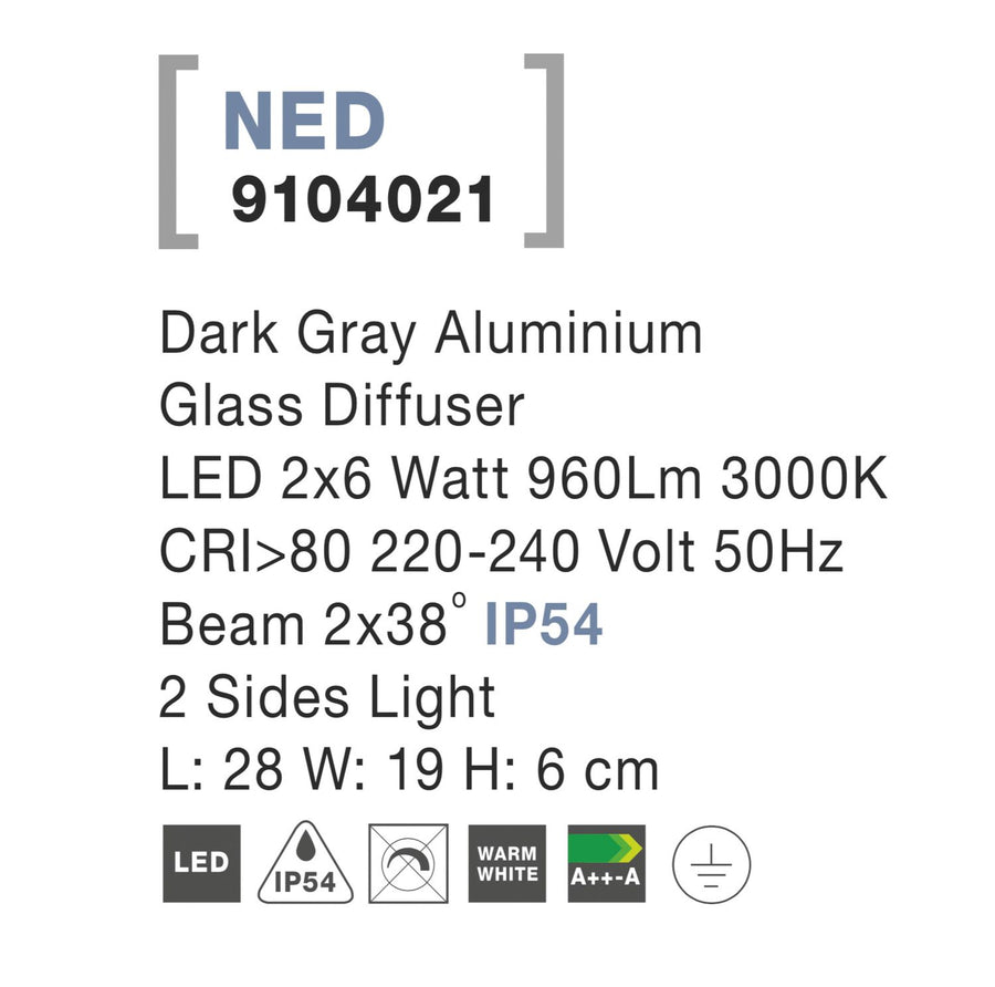 Fiche technique détaillant LED 2x6 watts, 960 lumens, 3000K, IP54 et dimensions