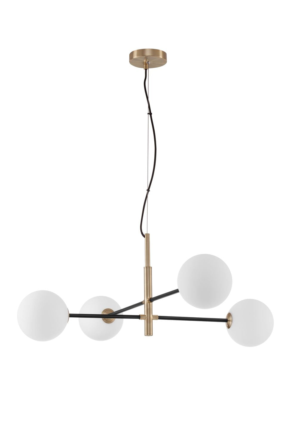 Vue d'ensemble du luminaire suspendu avec sa rosace de plafond dorée.