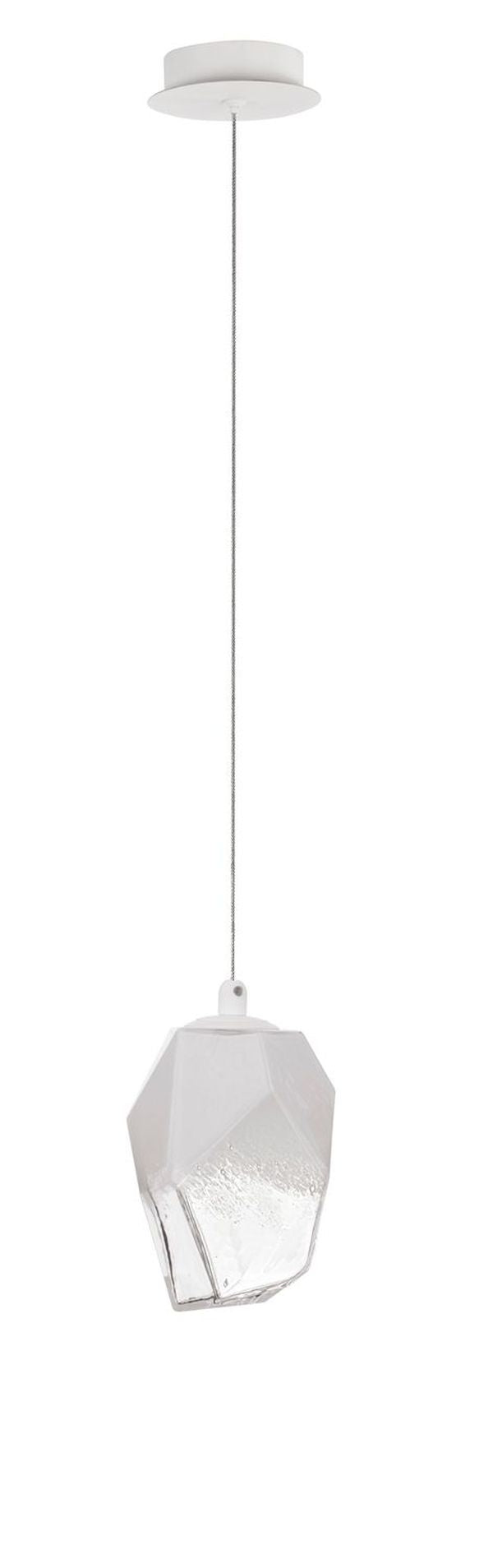 Vue d'ensemble de la suspension blanche avec câble fin et rosace de plafond