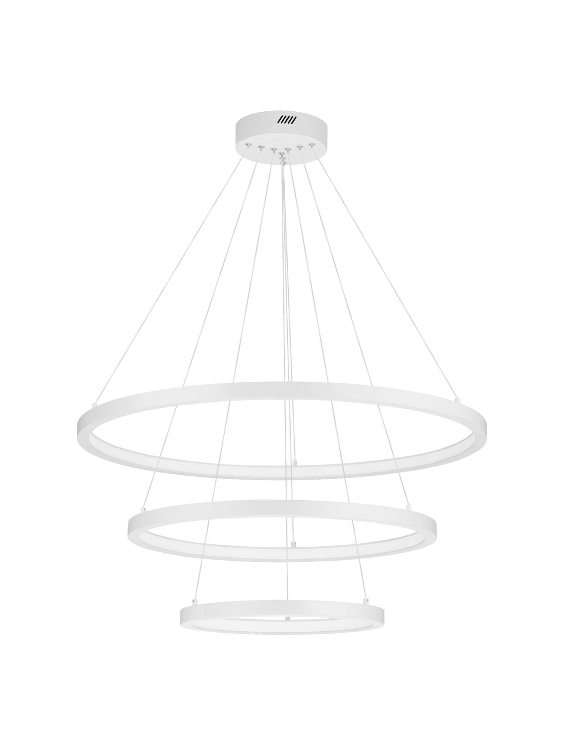 Vue d'ensemble du luminaire, rosace au plafond et trois cercles concentriques étagés