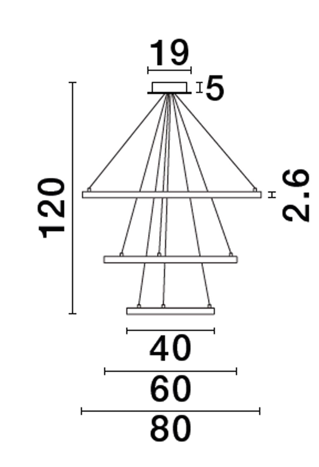 Schéma coté : hauteur totale 120 cm, diamètres 80, 60 et 40 cm