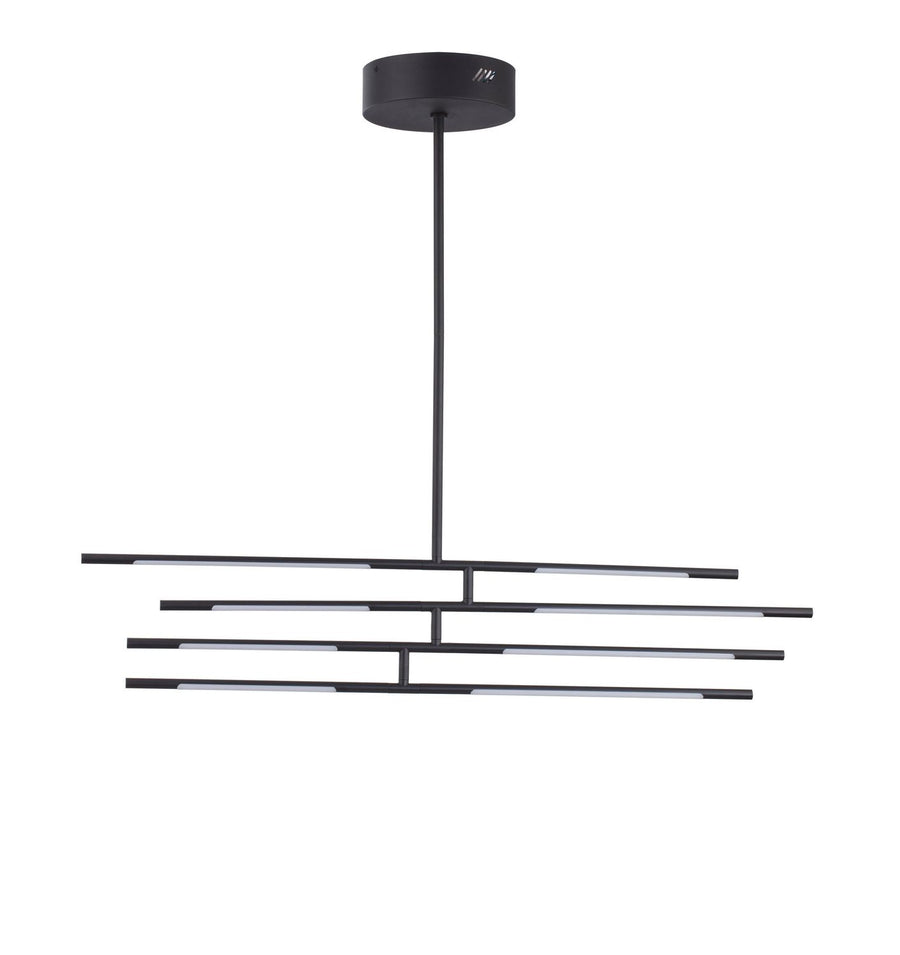 Vue de face du luminaire suspendu, tiges noires parallèles et croisées