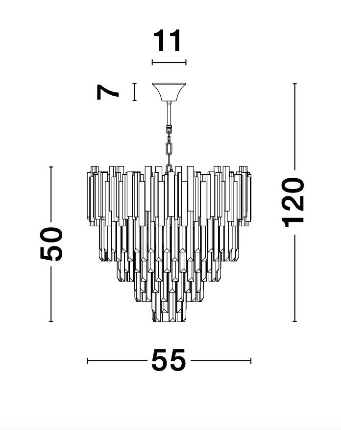 Schéma technique coté montrant 55 cm de diamètre, 50 cm de hauteur et 120 cm total