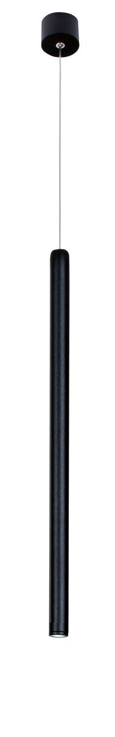 Suspension noire verticale avec rosace, câble fin et long tube cylindrique.