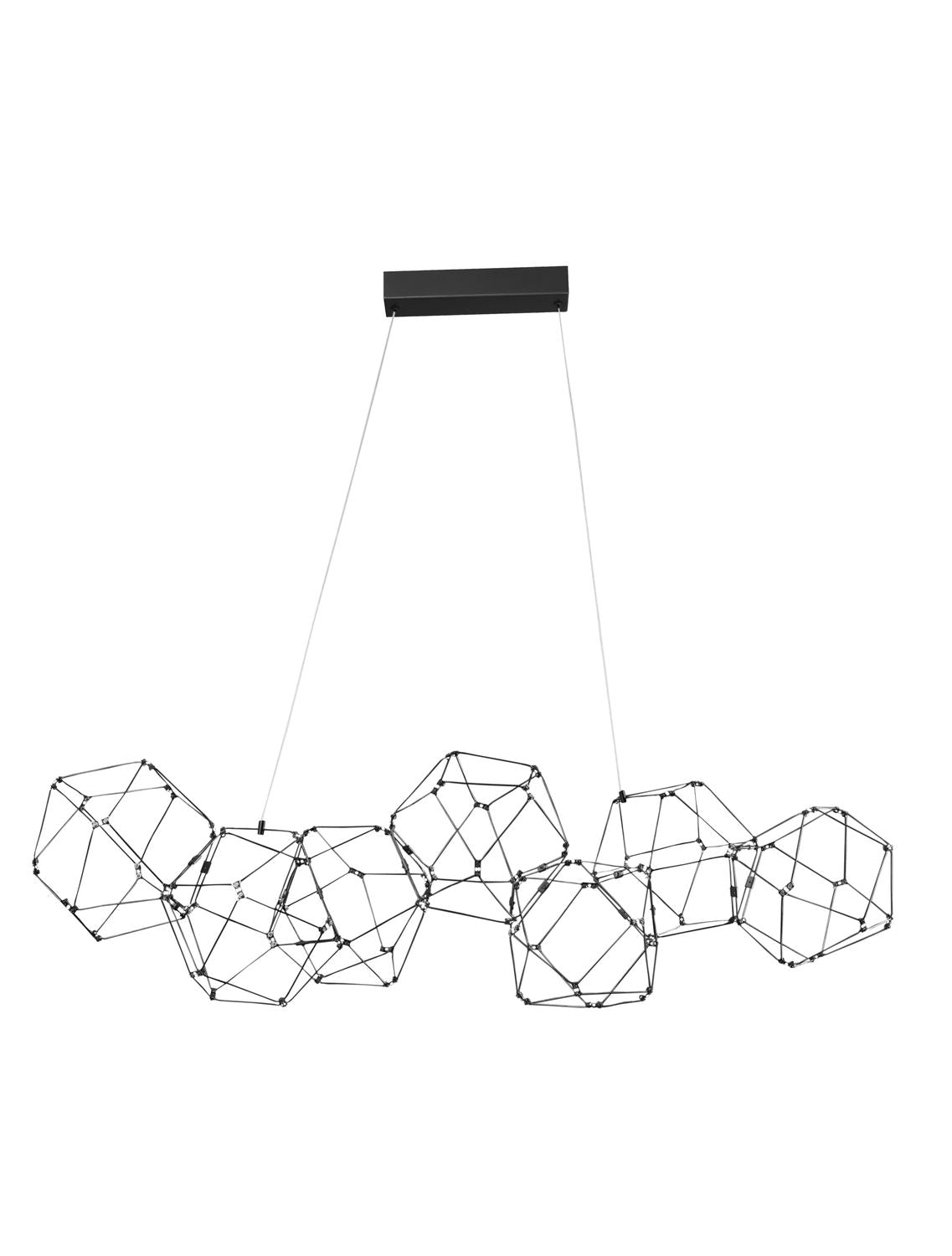 Suspension dorée vue de face, cinq cages géométriques alignées sous un support noir rectangulaire