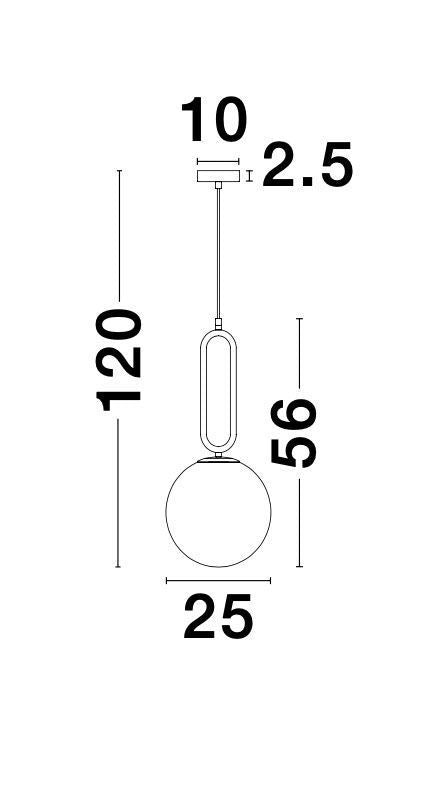Schéma coté de la suspension : hauteur 120 cm, diamètre 25 cm, rosace 10 cm.