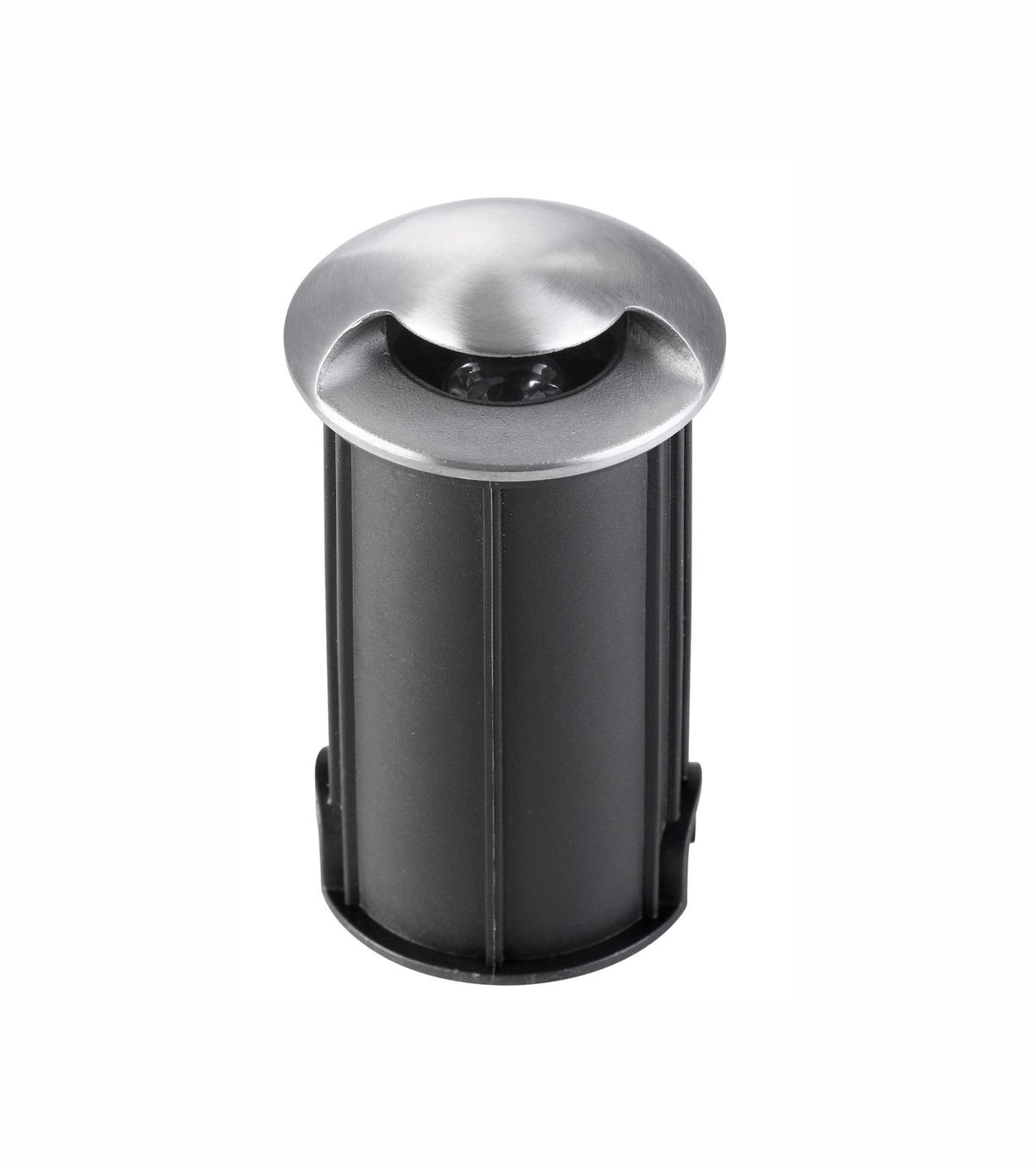 Vue de face du luminaire extérieur encastré cylindrique avec capot nickel et corps noir.