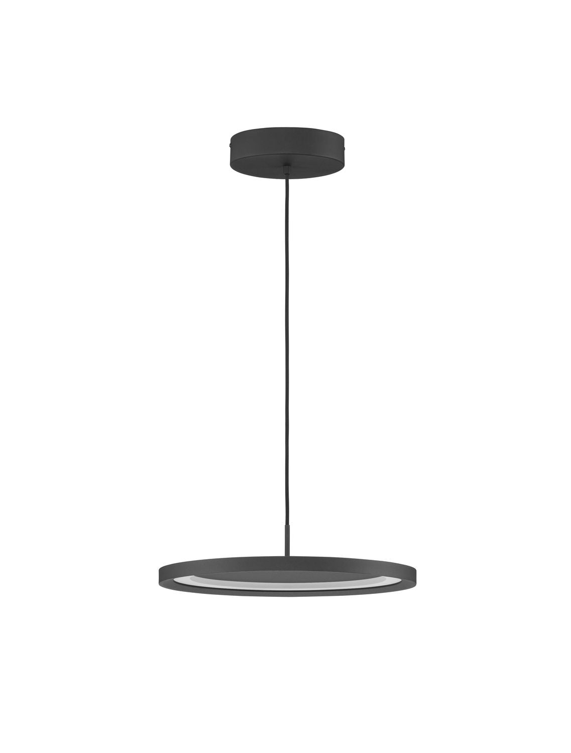 Vue de face du luminaire noir sur fond blanc, anneau plat et câble fin