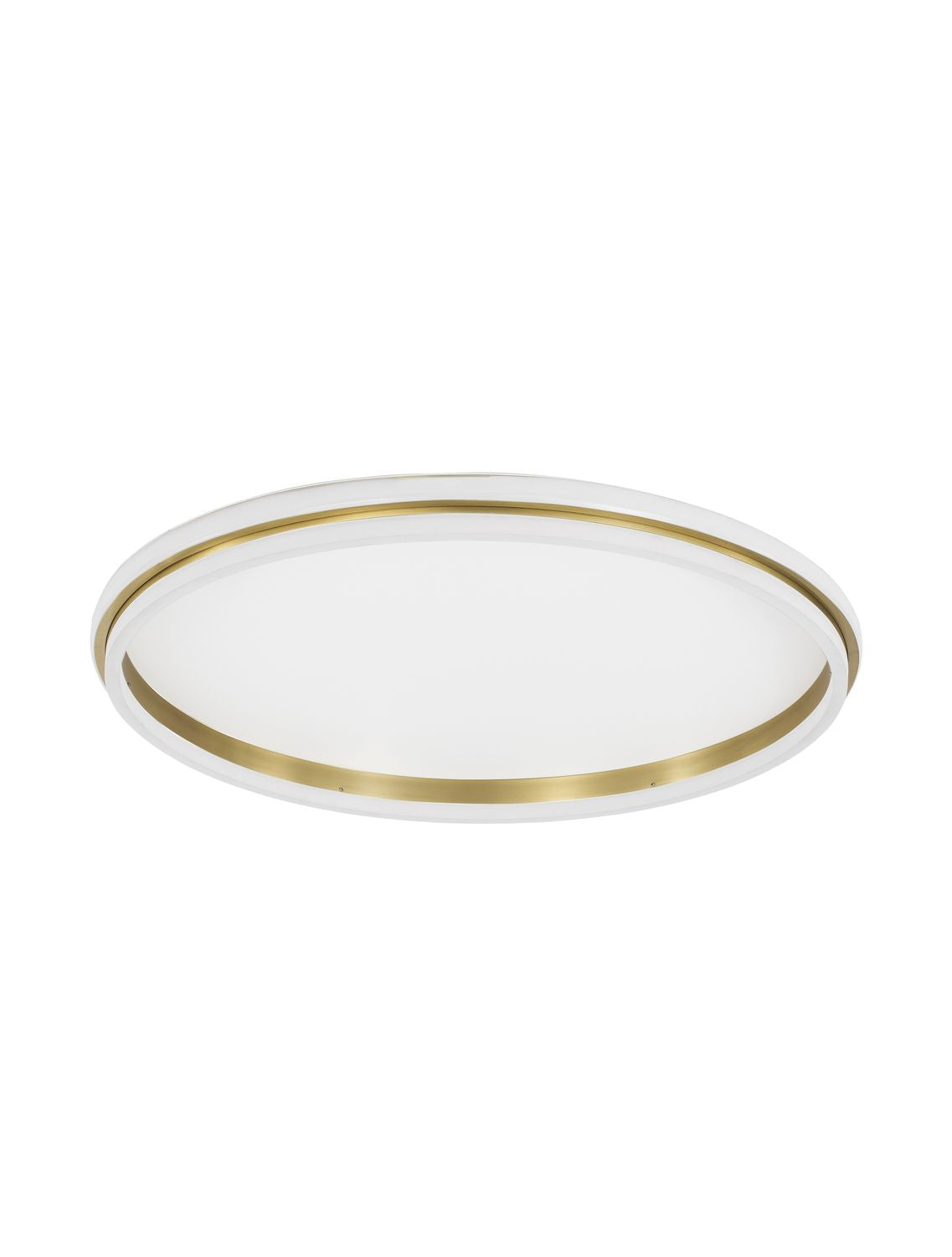 Vue de face du plafonnier circulaire blanc et laiton sur fond blanc