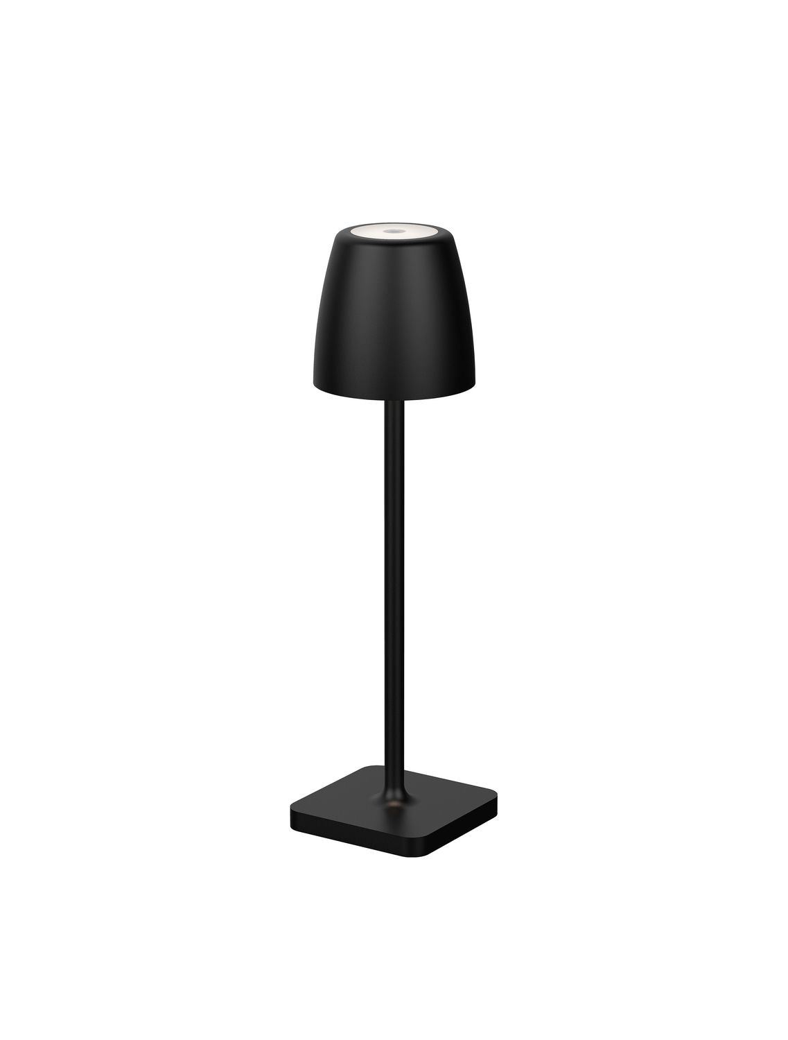 Lampe sans fil noire de face sur fond blanc, abat-jour conique et socle carré