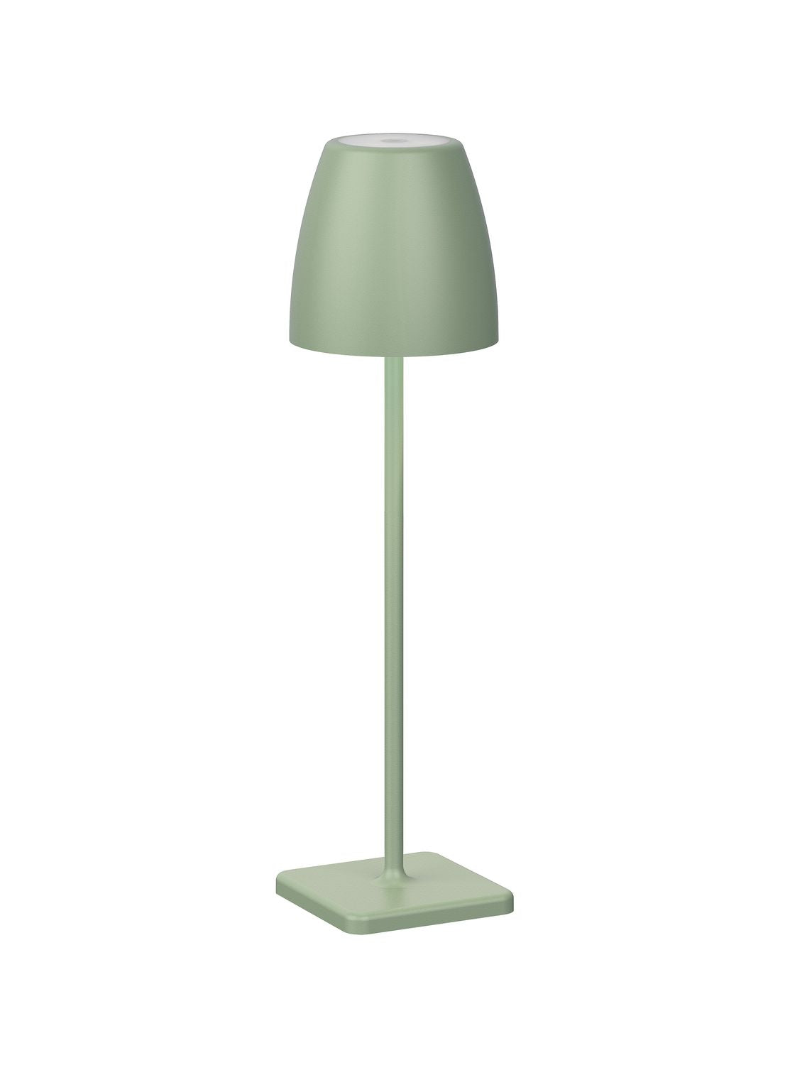 Lampe extérieure verte de face, abat-jour conique, tige fine et base carrée.