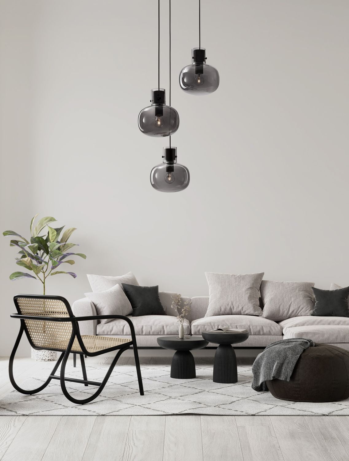 Suspension Cinzia 3 lumières noire, verre, H 178 cm