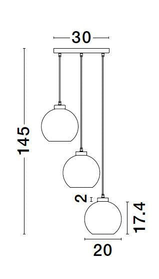 Schéma de dimensions : hauteur 145 cm, diamètre 30 cm et globes de 20 cm.