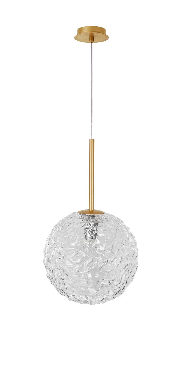 Produit de face sur fond blanc, globe en verre transparent et tige dorée
