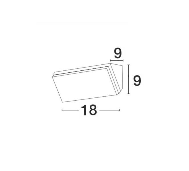 Schéma coté de l'applique : longueur 18 cm, profondeur et hauteur 9 cm
