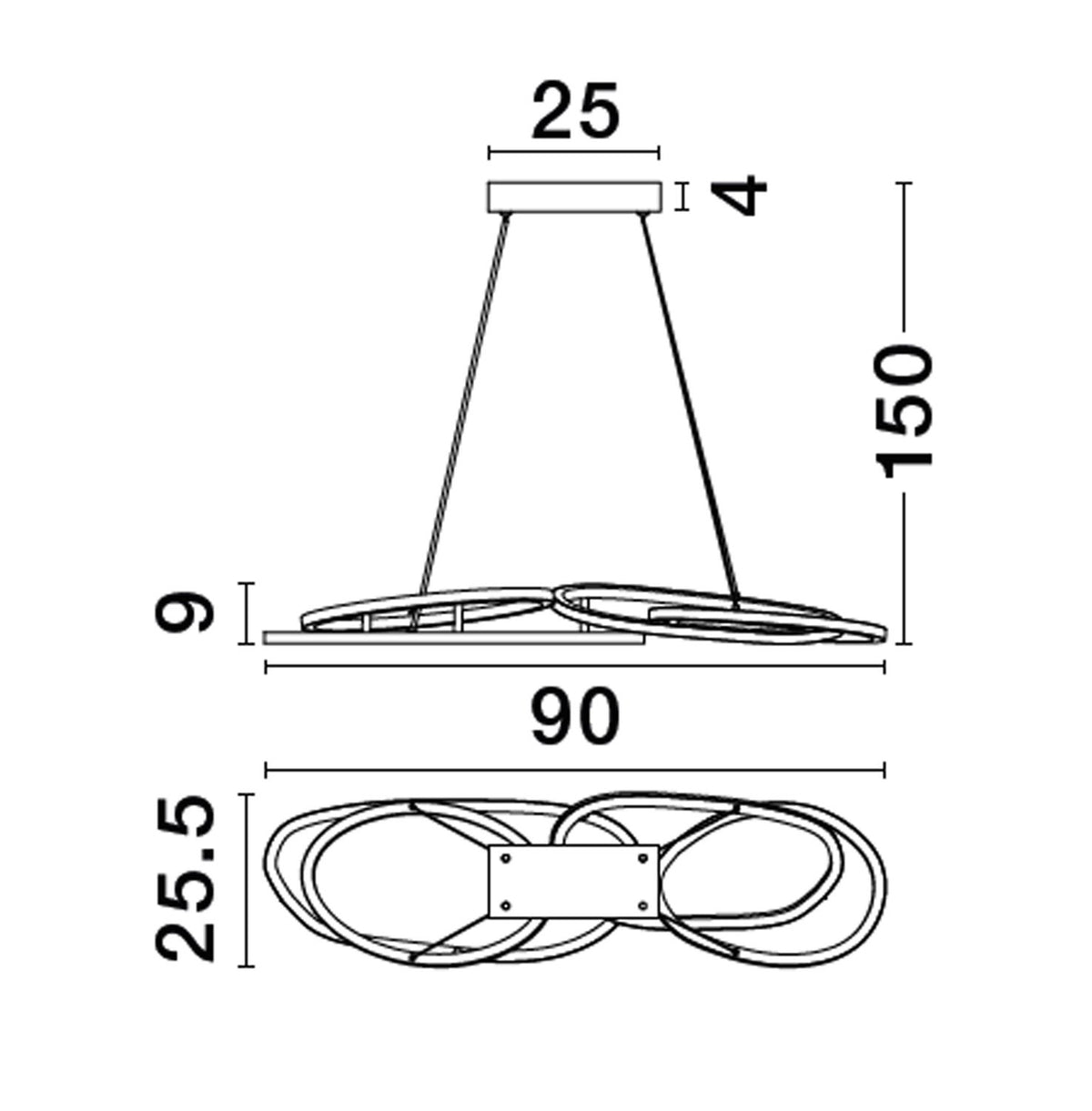 Schéma coté en noir et blanc avec les dimensions du luminaire et de son support.