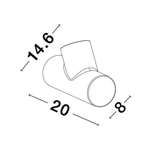 Schéma coté du luminaire indiquant vingt centimètres, quatorze virgule six et huit.