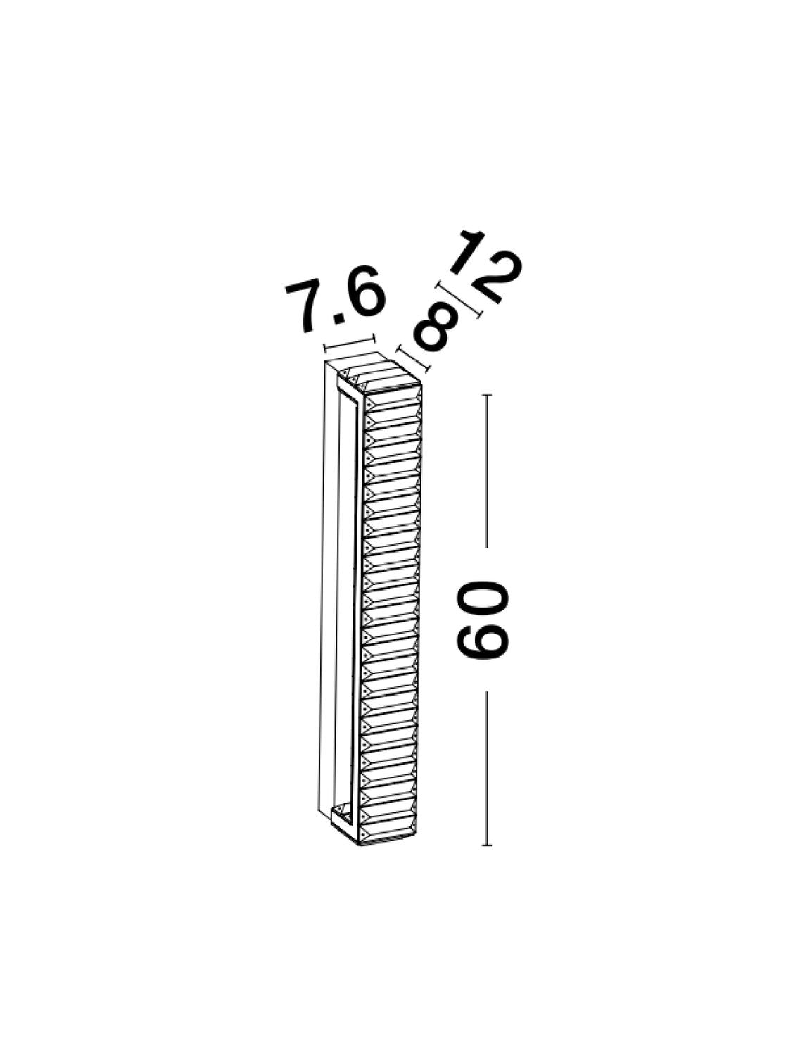 Schéma coté de l'applique : largeur 7,6 cm, profondeur 8/12 cm, longueur 60 cm.