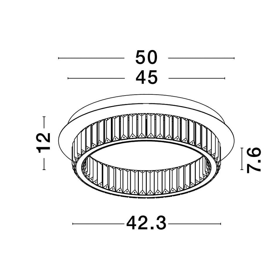 Schéma technique coté du luminaire avec diamètres 50, 45 et 42,3 cm et hauteurs