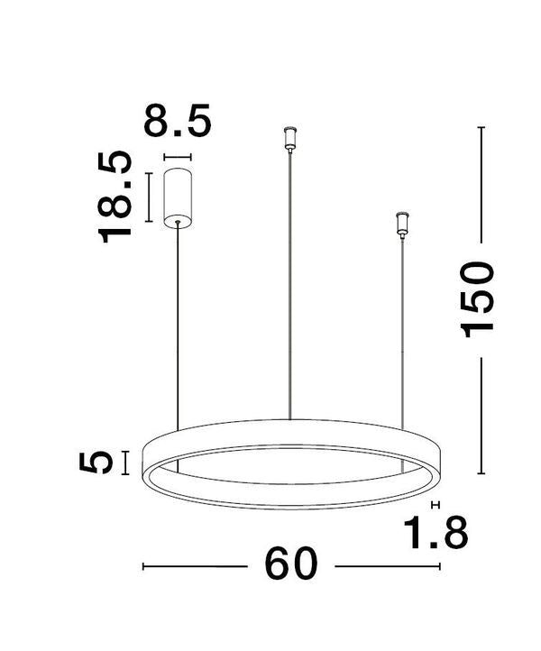 Schéma coté du luminaire, hauteur 150 cm et diamètre 60 cm