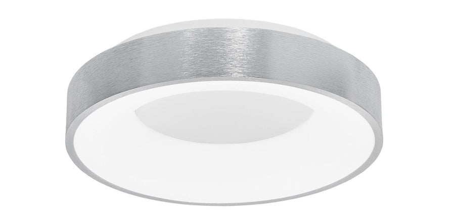 Vue de trois quarts du luminaire sur fond blanc, bandeau métal et verre opale