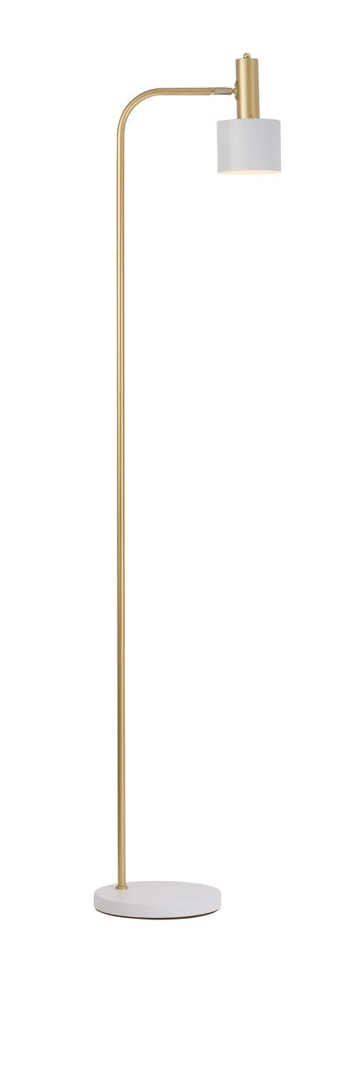 Vue de face du lampadaire doré sur fond blanc, tige fine et socle rond.