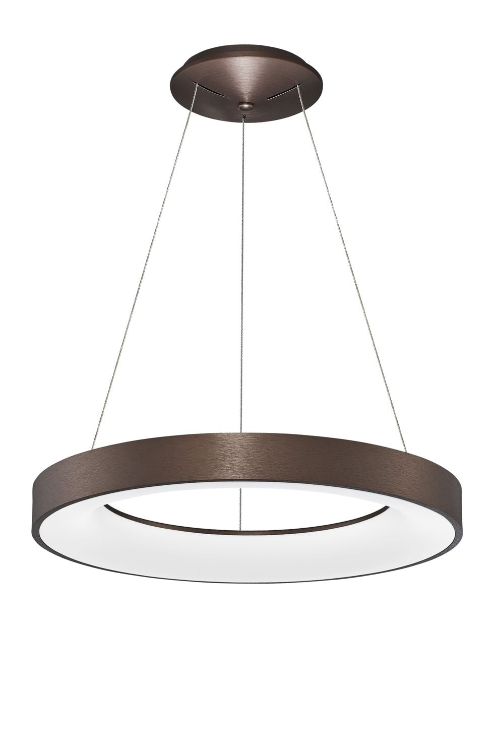 Vue de face du luminaire rond avec ses câbles et diffuseur blanc sur fond blanc