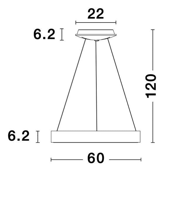 Schéma coté du luminaire indiquant 60 cm de diamètre et 120 cm de hauteur