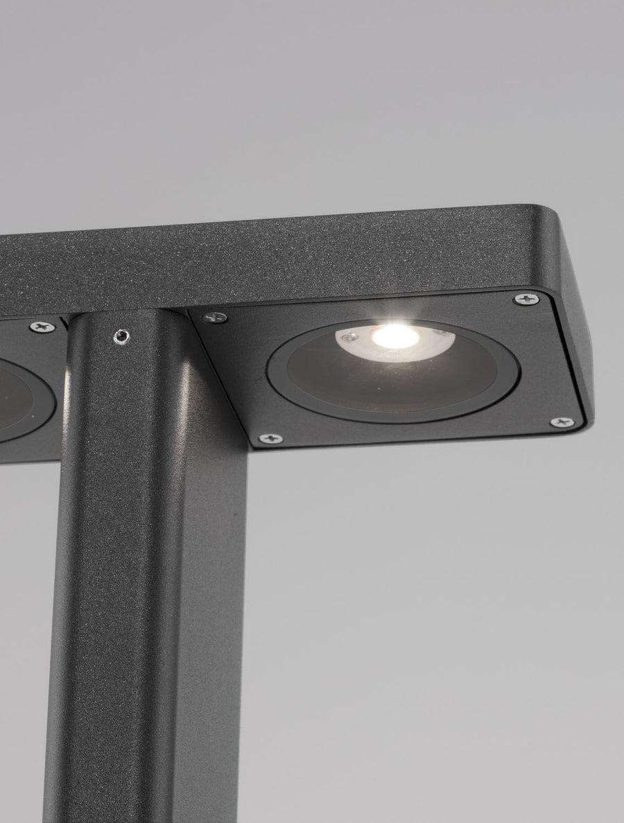 Détail rapproché de la tête : source LED encastrée sous capot, vis apparentes et finition anthracite.