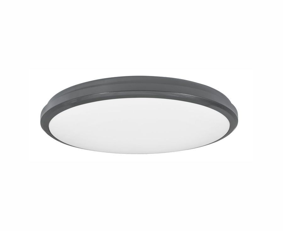 Vue de face du plafonnier gris, cerclage fin et diffuseur blanc opalin bombé