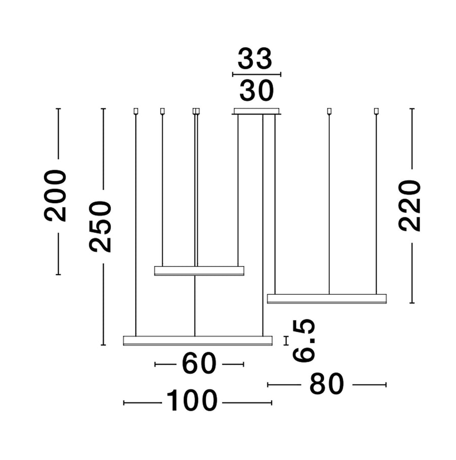 Schéma coté avec hauteur 250 cm et diamètres des anneaux 60, 80 et 100 cm
