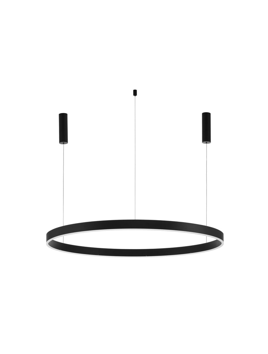 Vue de face du luminaire sur fond blanc, anneau noir et câbles fins